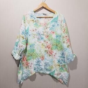 Hot Cotton Tunic Top Womens Large Linen Tropical Floral Roll Tab Sleeve Made USA